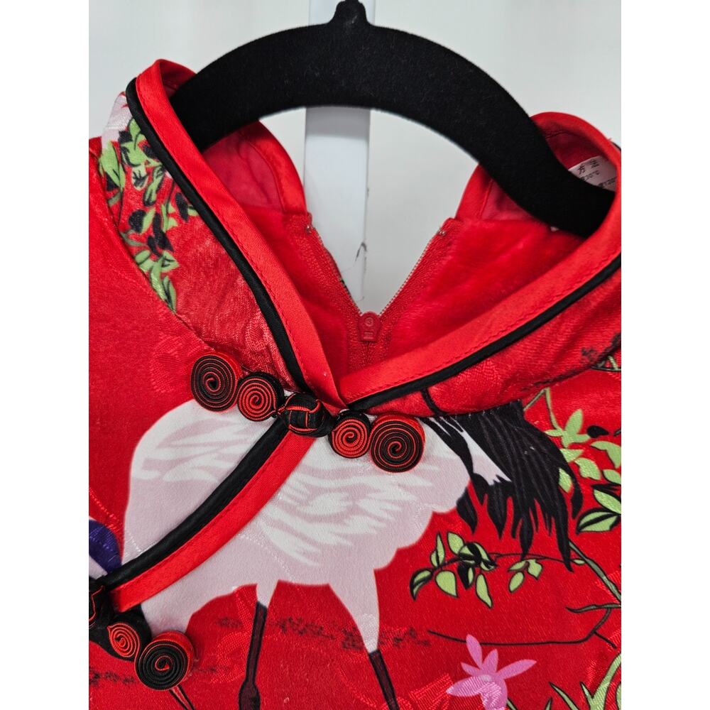 Vintage Girls Sz L red Crane Print Qi Pao Cheongsam Dress Long Sleeve - Picture 3 of 5